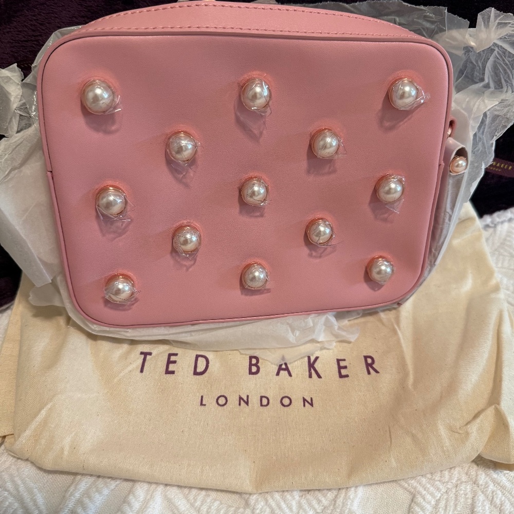 Ted Baker Alessia Leather Bag Imitation Pearl Embellished Rose Gold Chain Purse